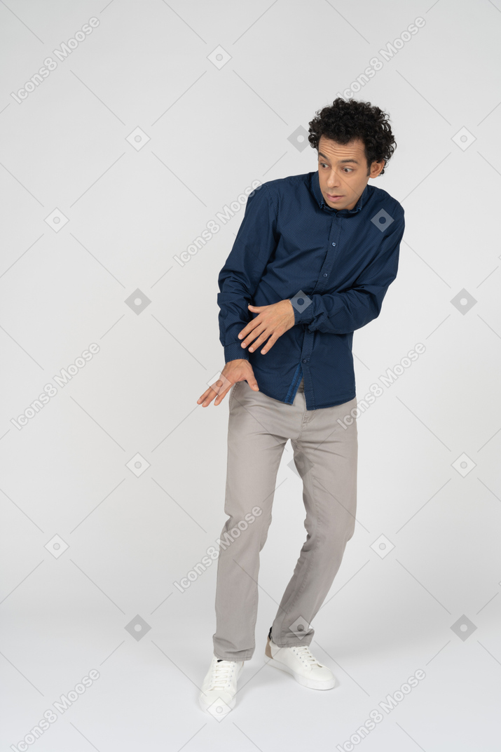 Front view of a scared man in casual clothes