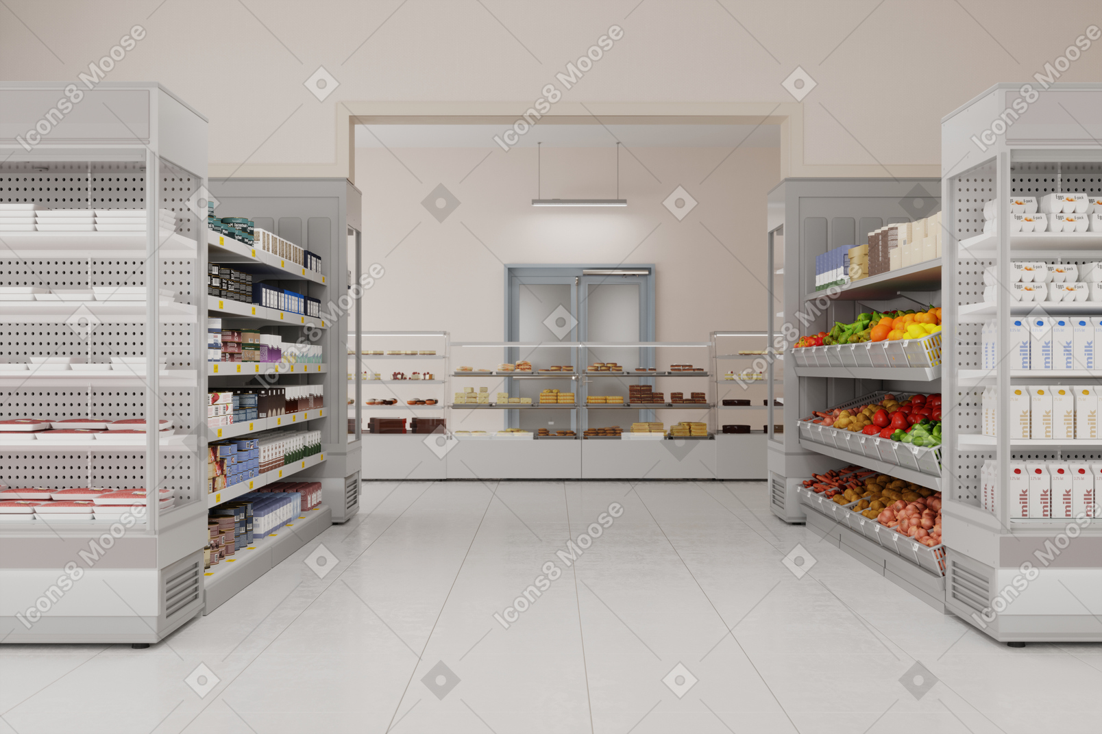 Supermarket aisle with food for sale