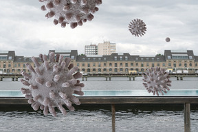 A coronavirus floating in the air in the city
