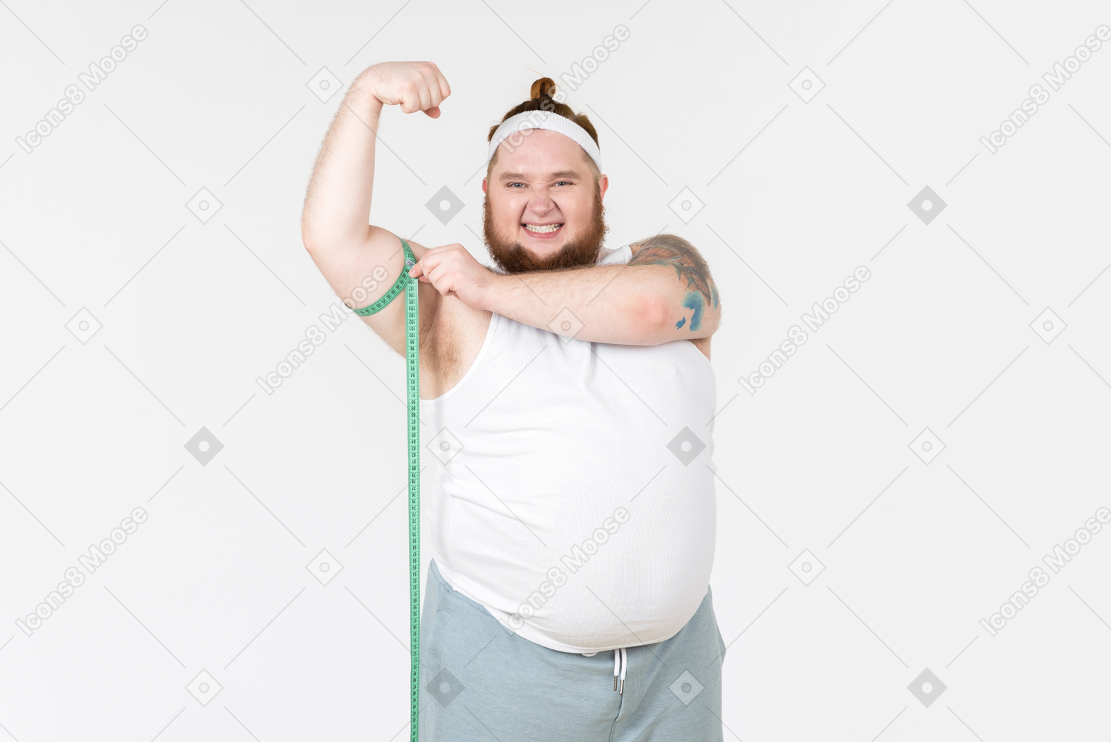 Big sportsman measuring his arm with cloth ruler