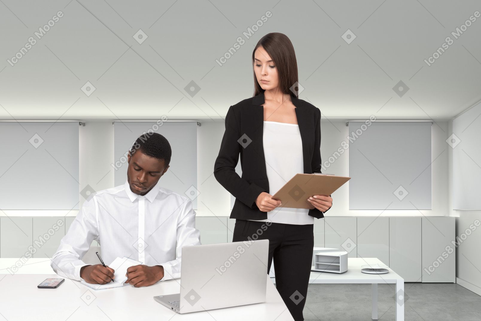 A black man is signing the document and a young beautiful lady with a folder in her hands is looking at it