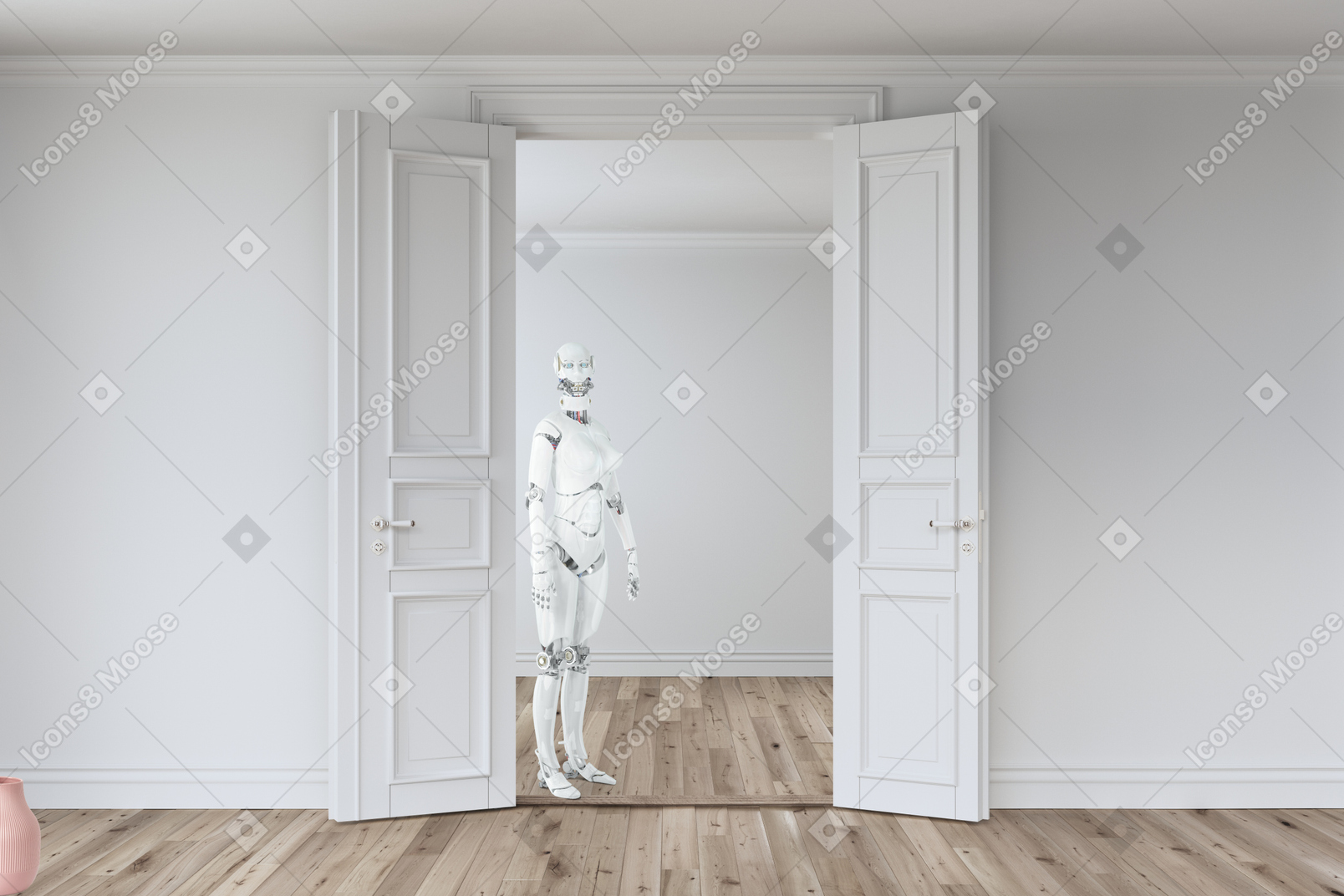 White robot standing in front of an open door