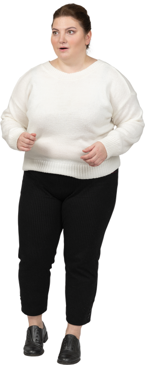 Surprised plump woman in casual clothes