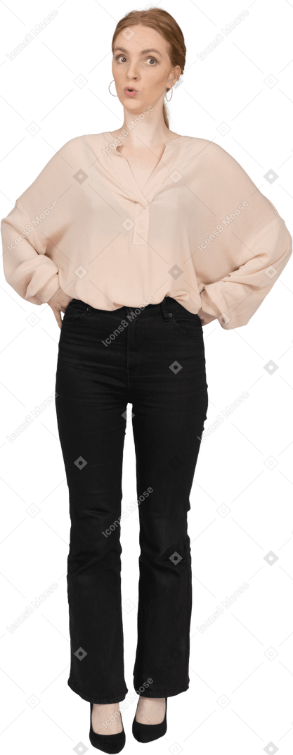 Woman in beautiful blouse standing