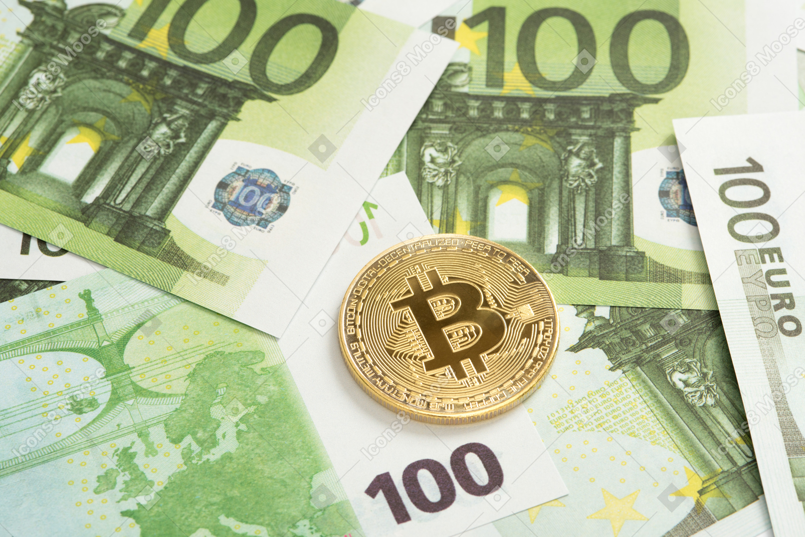 Bitcoin on one hundred euro banknotes