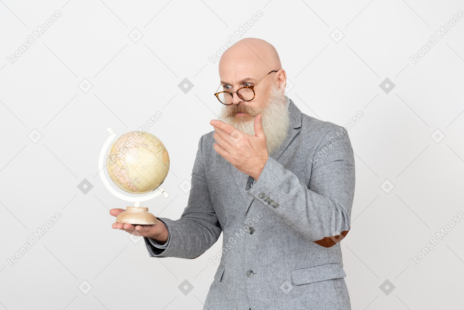 Old professor holding globus and pointing on it