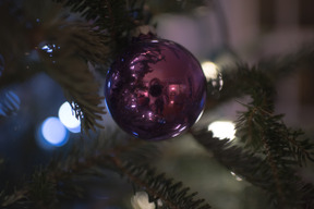 Adorno morado en un árbol de navidad