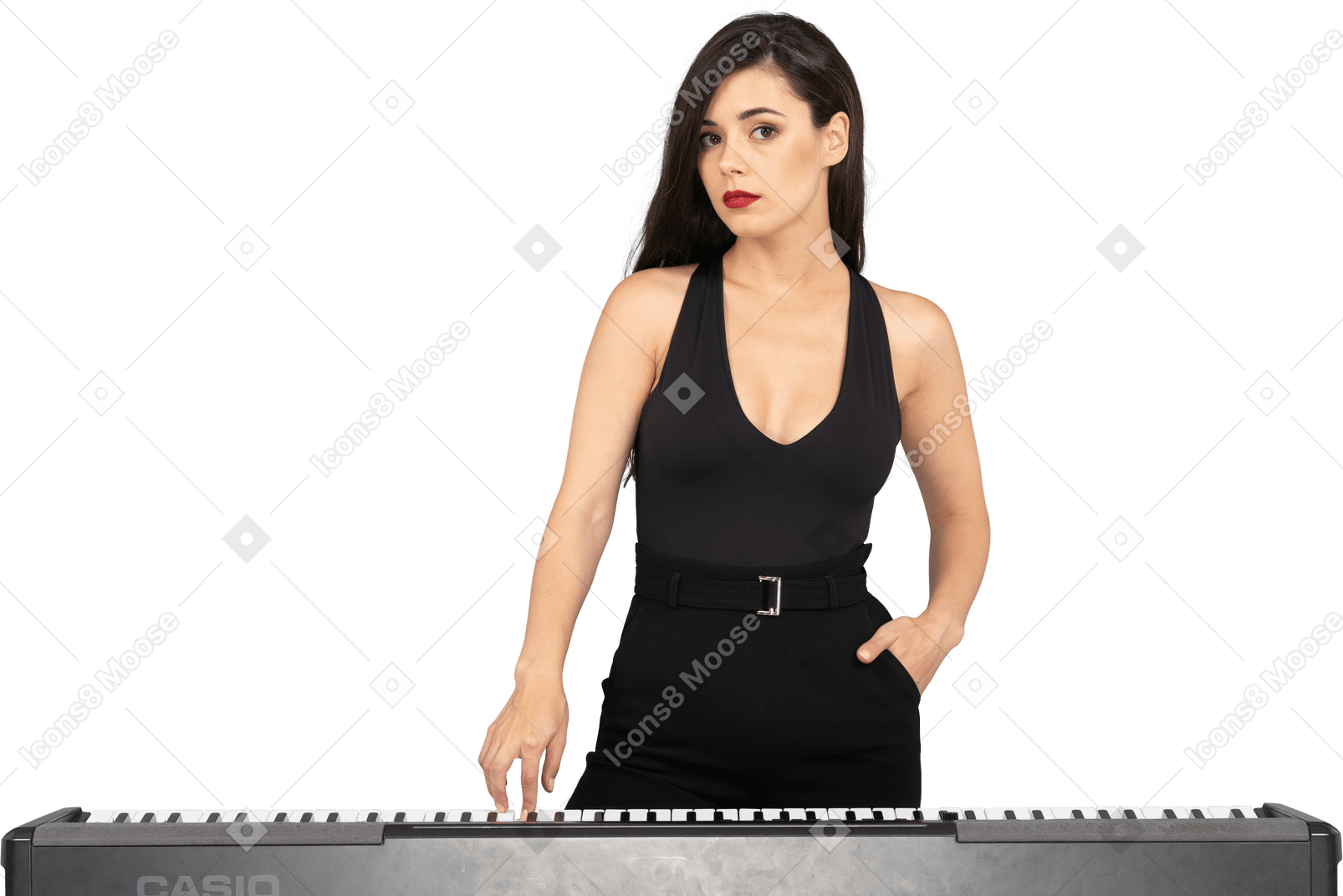 Front view of a young lady in black dress pressing the key of a piano