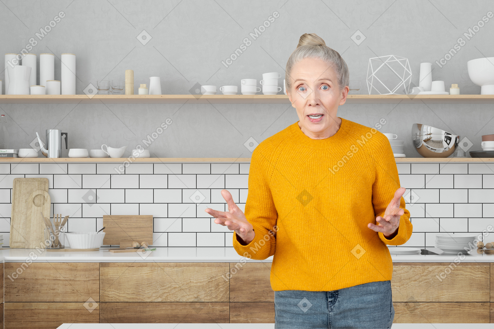 Потрясенная пожилая женщина на кухне