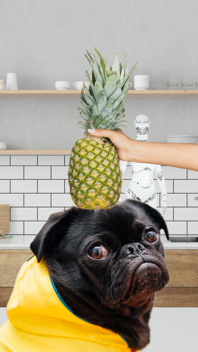 Pug in yellow coat with pineapple on its head