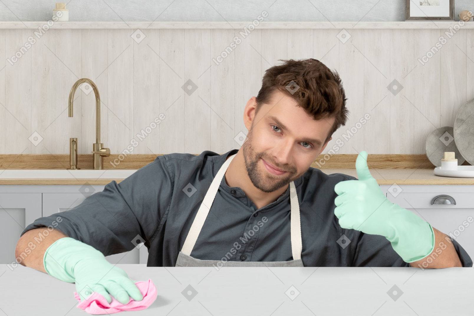 Homem com luvas de borracha limpando a cozinha