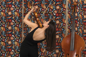 Morena músico feminino tocando violino volta para a câmera