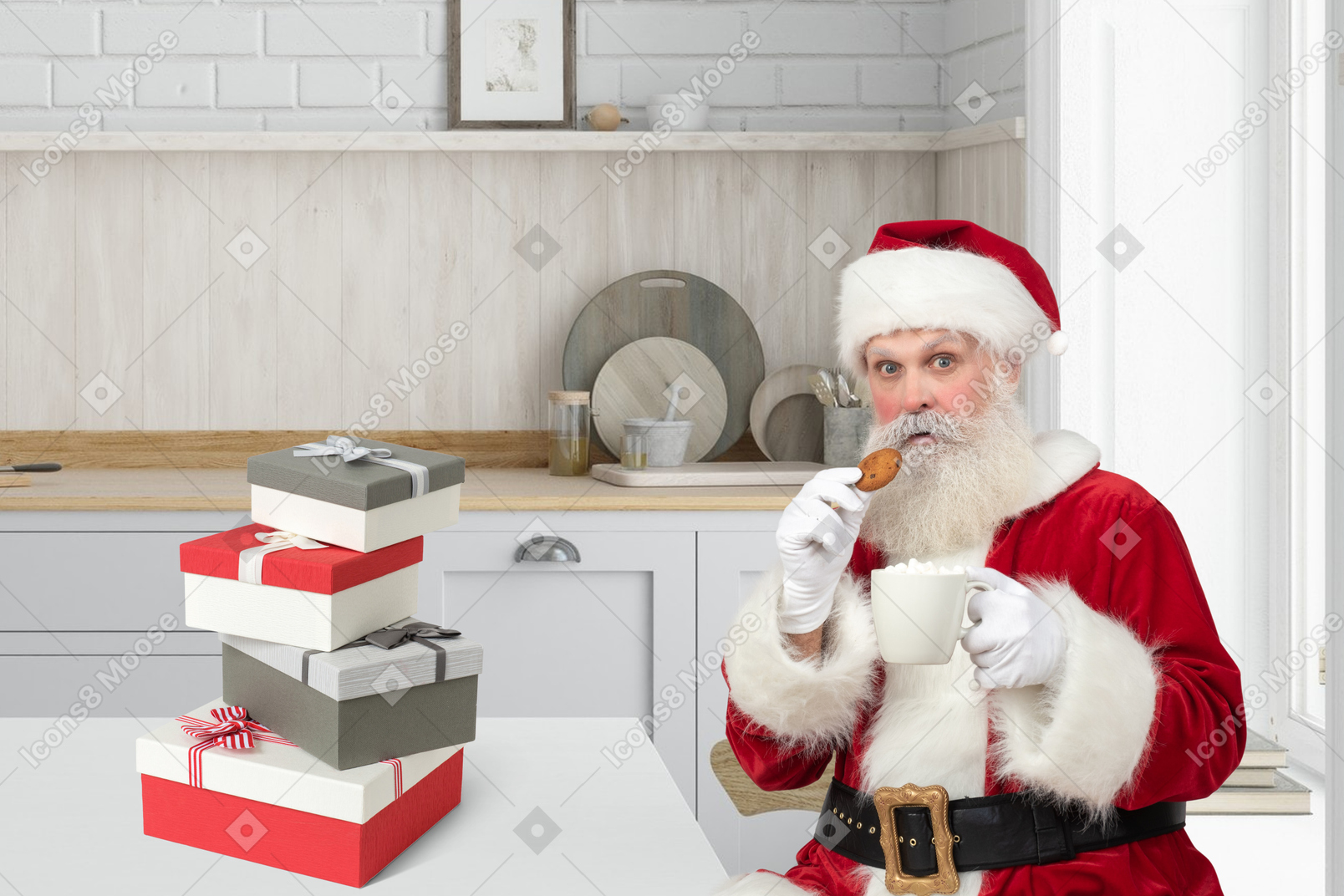 Santa eating a cookie near a stack of gifts