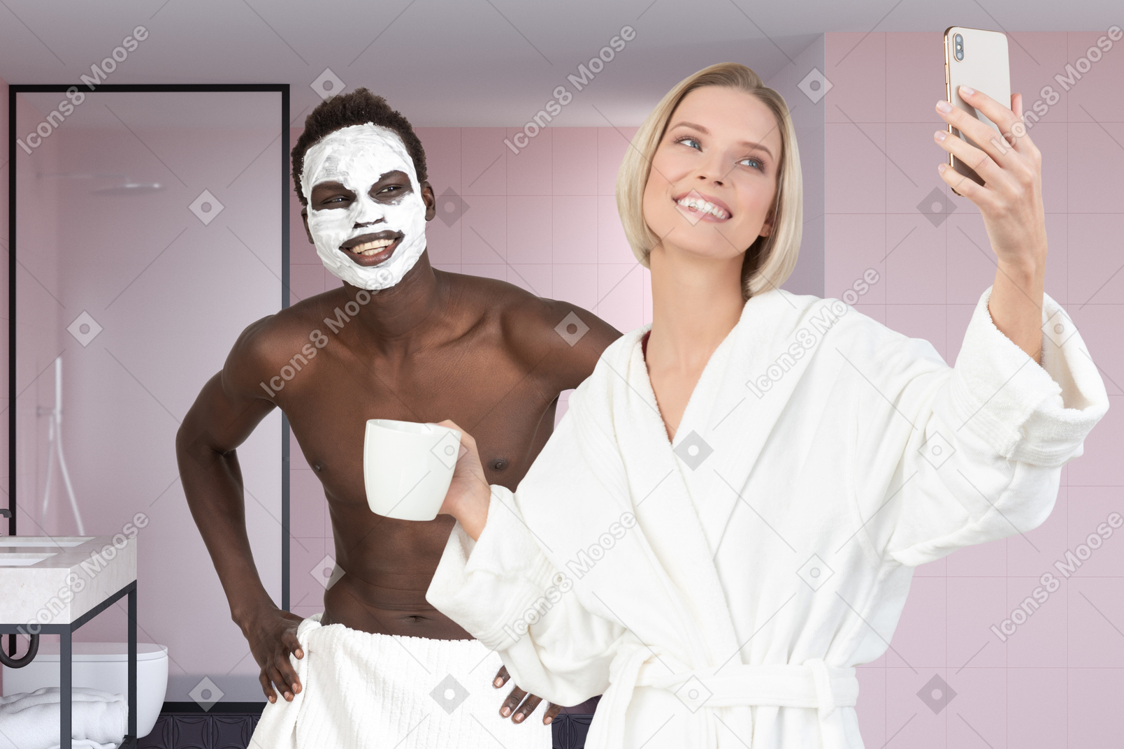 Girl making a selfie of her and her boyfriend with facial mask