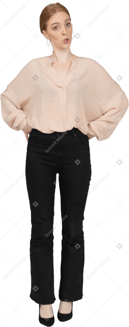 Woman in beautiful blouse standing