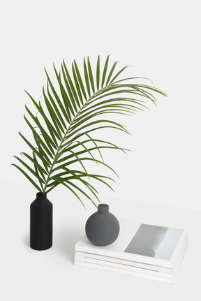 Schwarze vase mit palmzweig