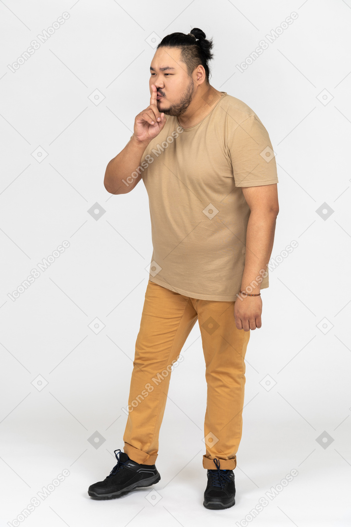 Young asian man gesturing for silence with finger