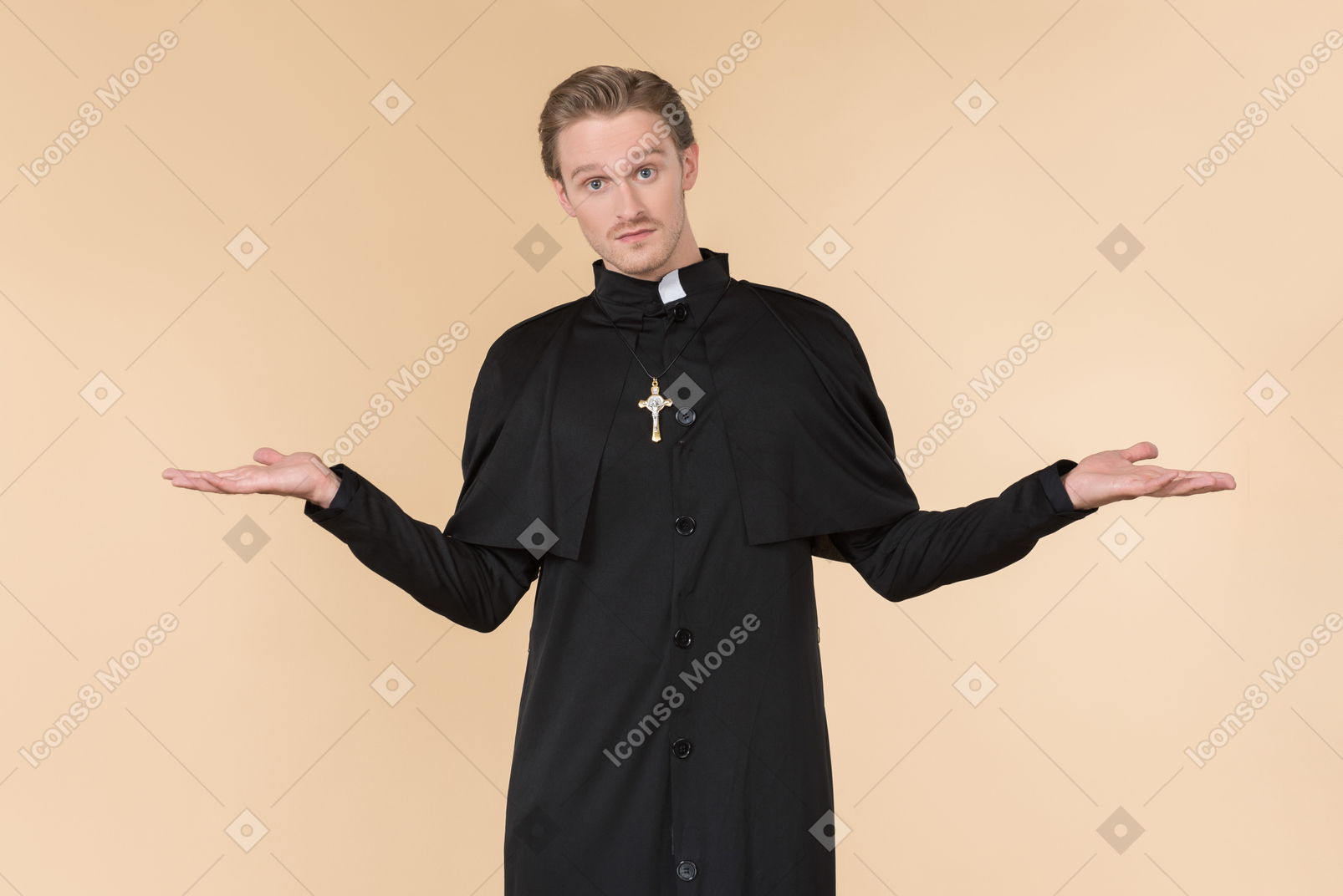 Catholic priest standing with hands aside