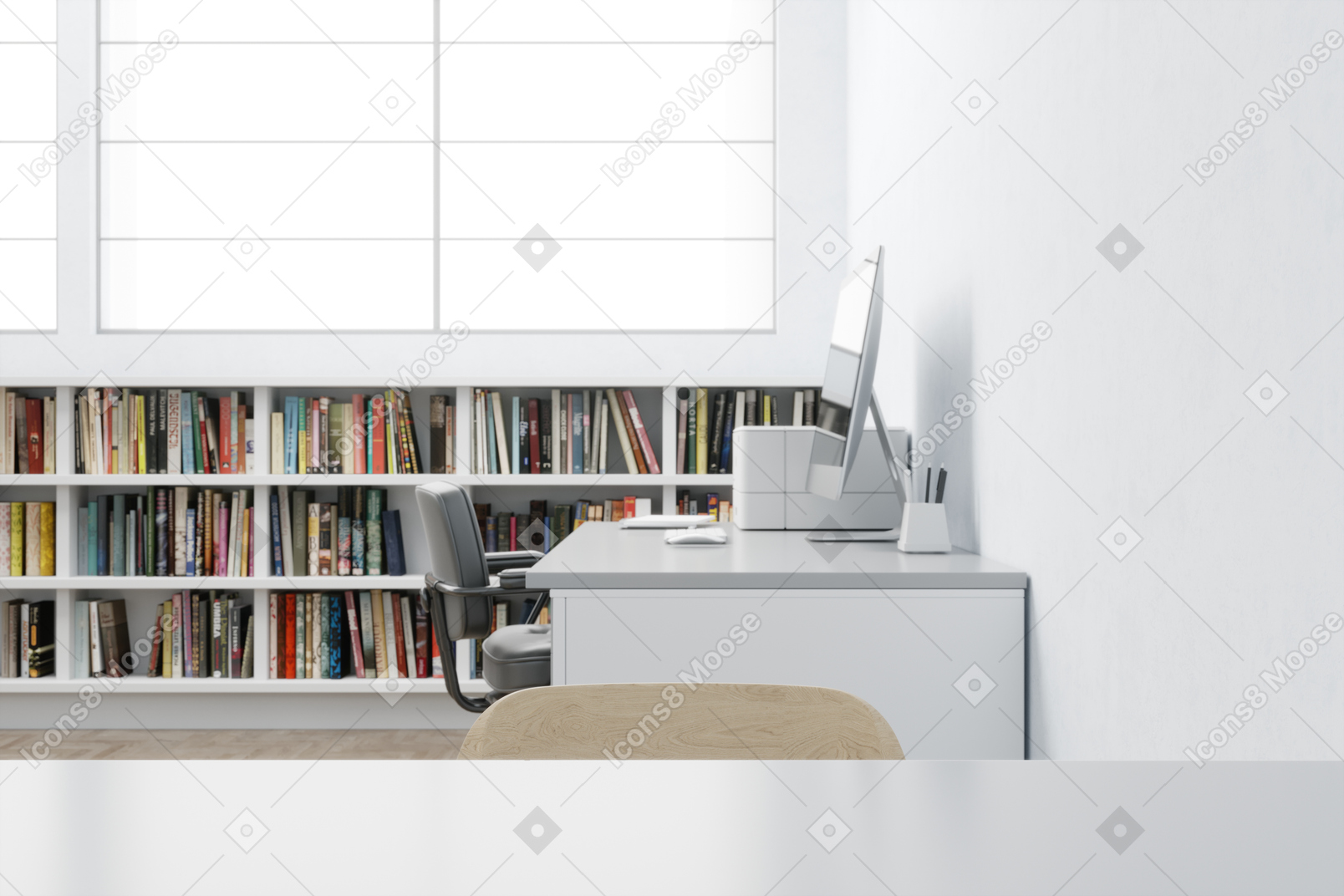 Room with work desks and book shelves