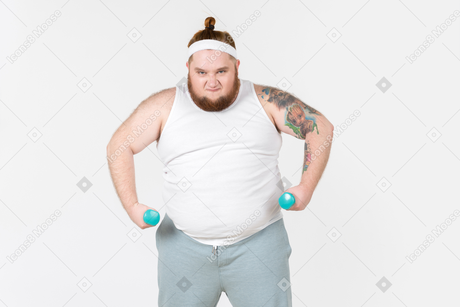 Angry looking big guy in sportswear lifting hand weights