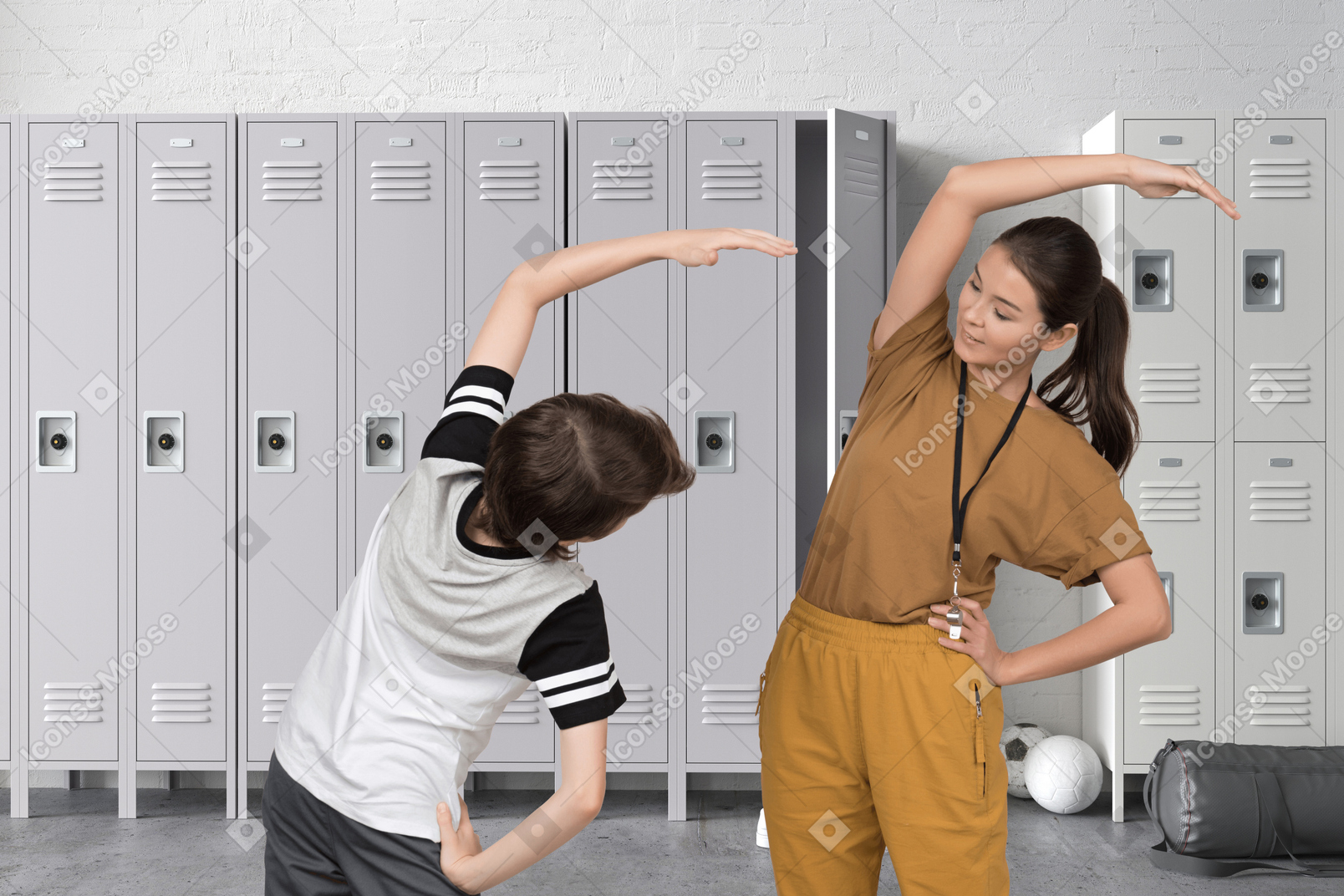 Female trainer exercising with boy in locker room