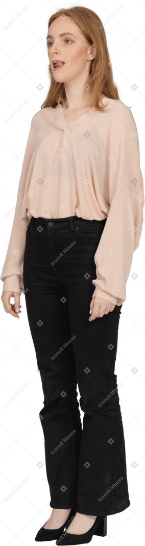 Woman in beautiful blouse standing