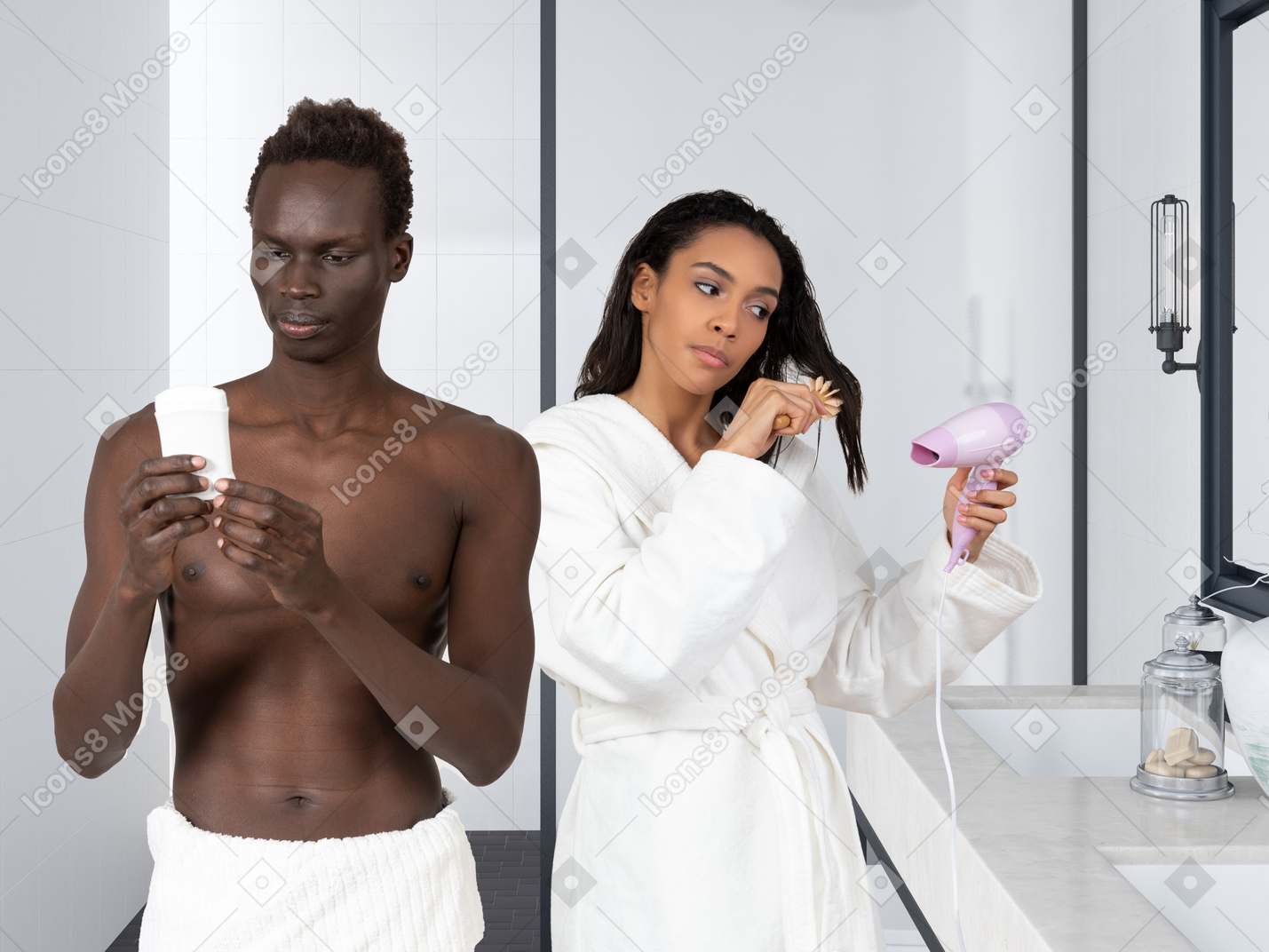 Paar macht sich im badezimmer fertig