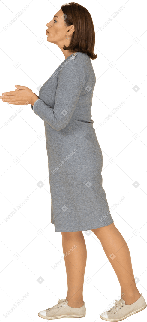 Mujer en vestido gris de pie en el perfil
