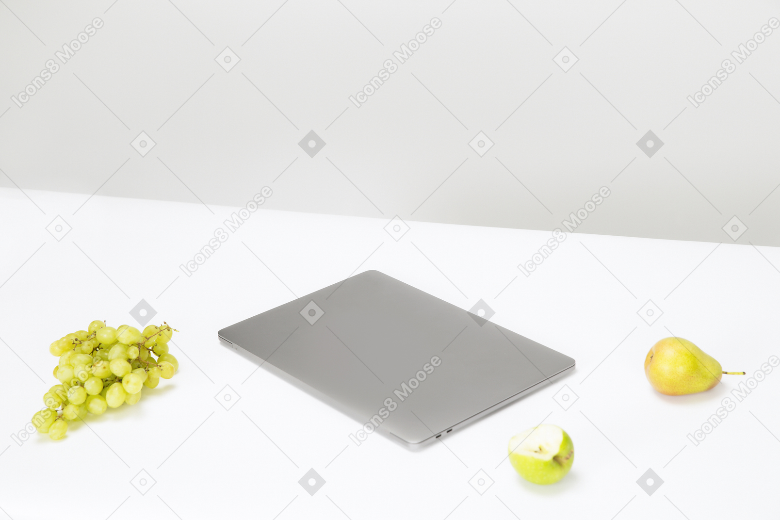 Macbook, branch of grapes and pears