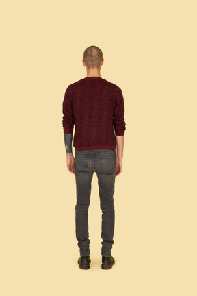 Back view of a young man in red pullover standing still