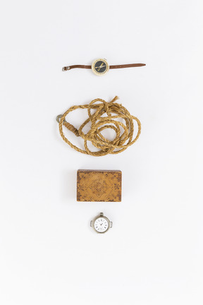 Rope with hook, mini box, compass and pocket watch