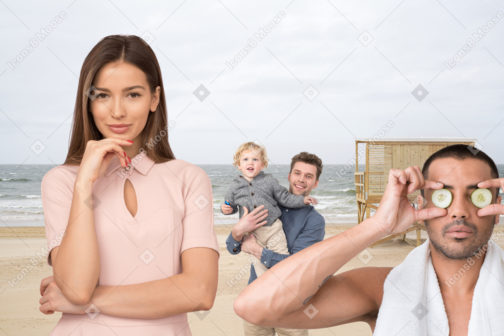 Man holding cucumber slices next to woman and another man holding little boy in his hands