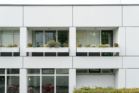 Edificio de oficinas blanco con plantas en el balcón