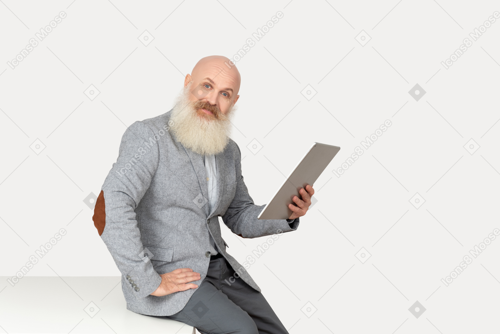 Old professor holding tablet and thinking about something
