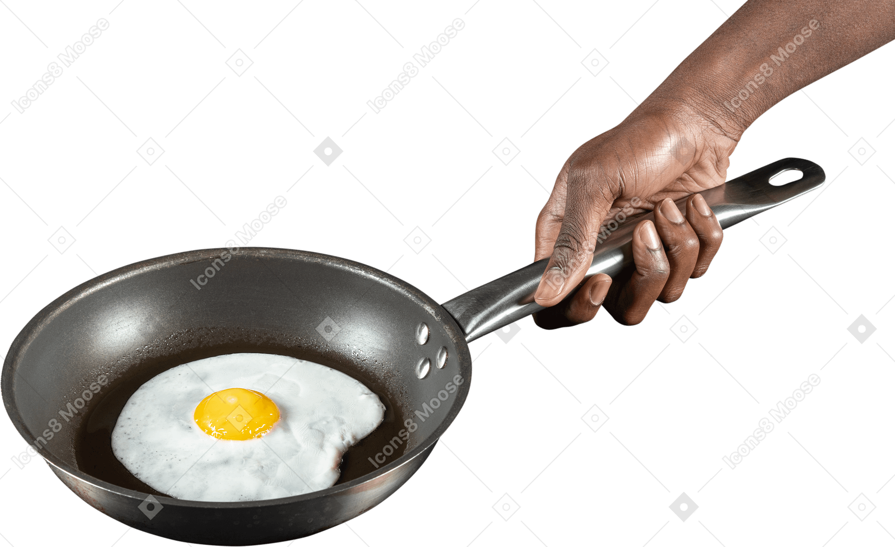 Human arm holding a fried egg on pan