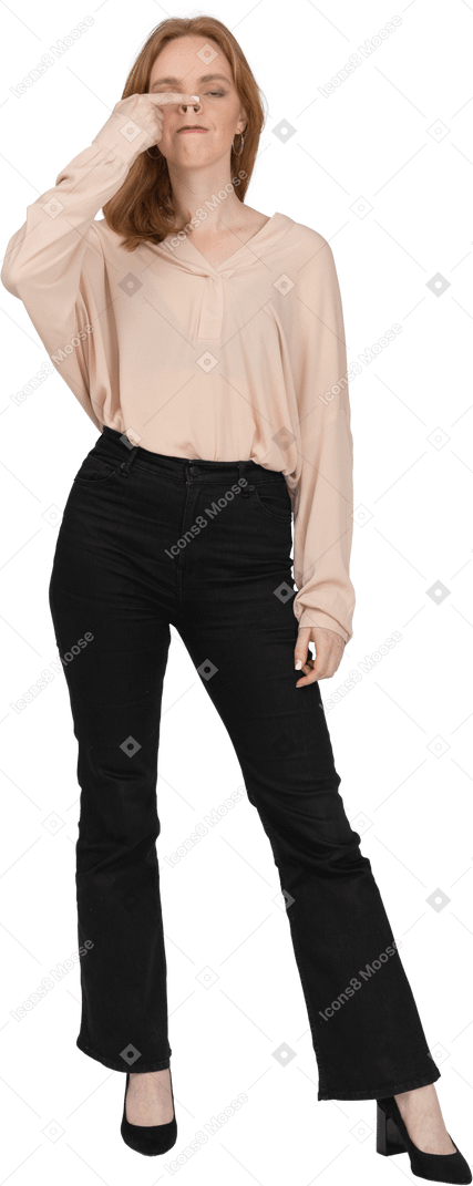 Woman in beautiful blouse standing