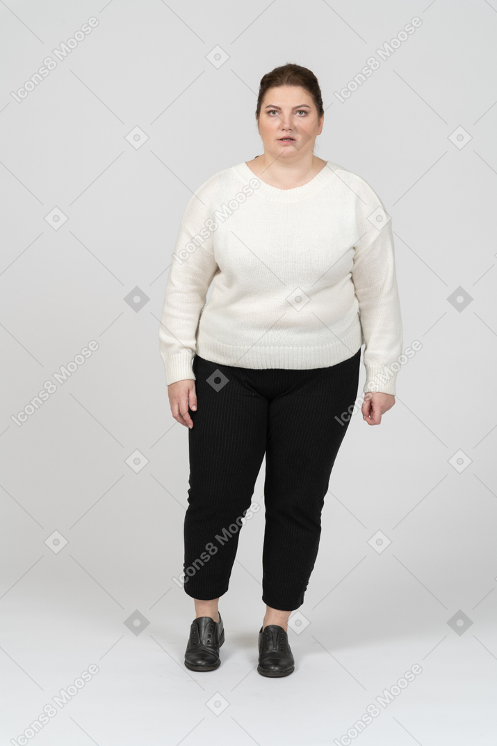 Surprised plus size woman in white sweater looking at camera