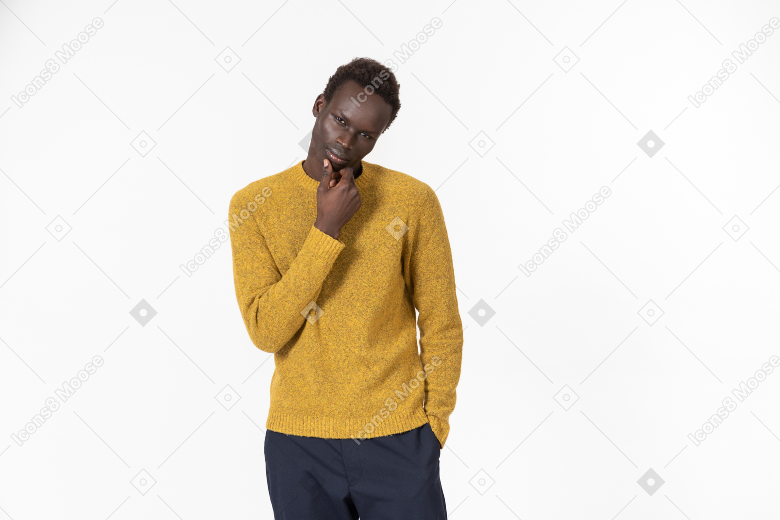 Pensive young afroman touching chin