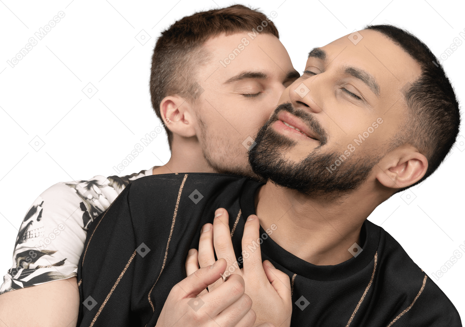 Close-up of a young caucasian man hugging his partner from the back and kissing his neck sensually