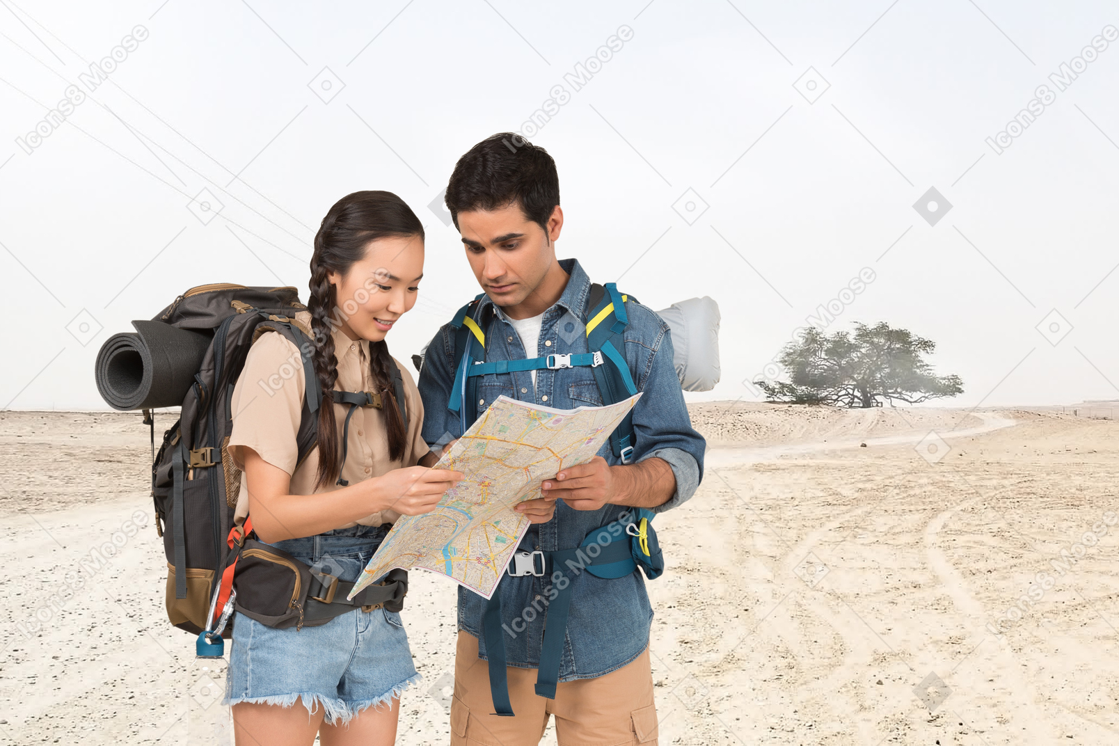 Young tourists with map and map on the background