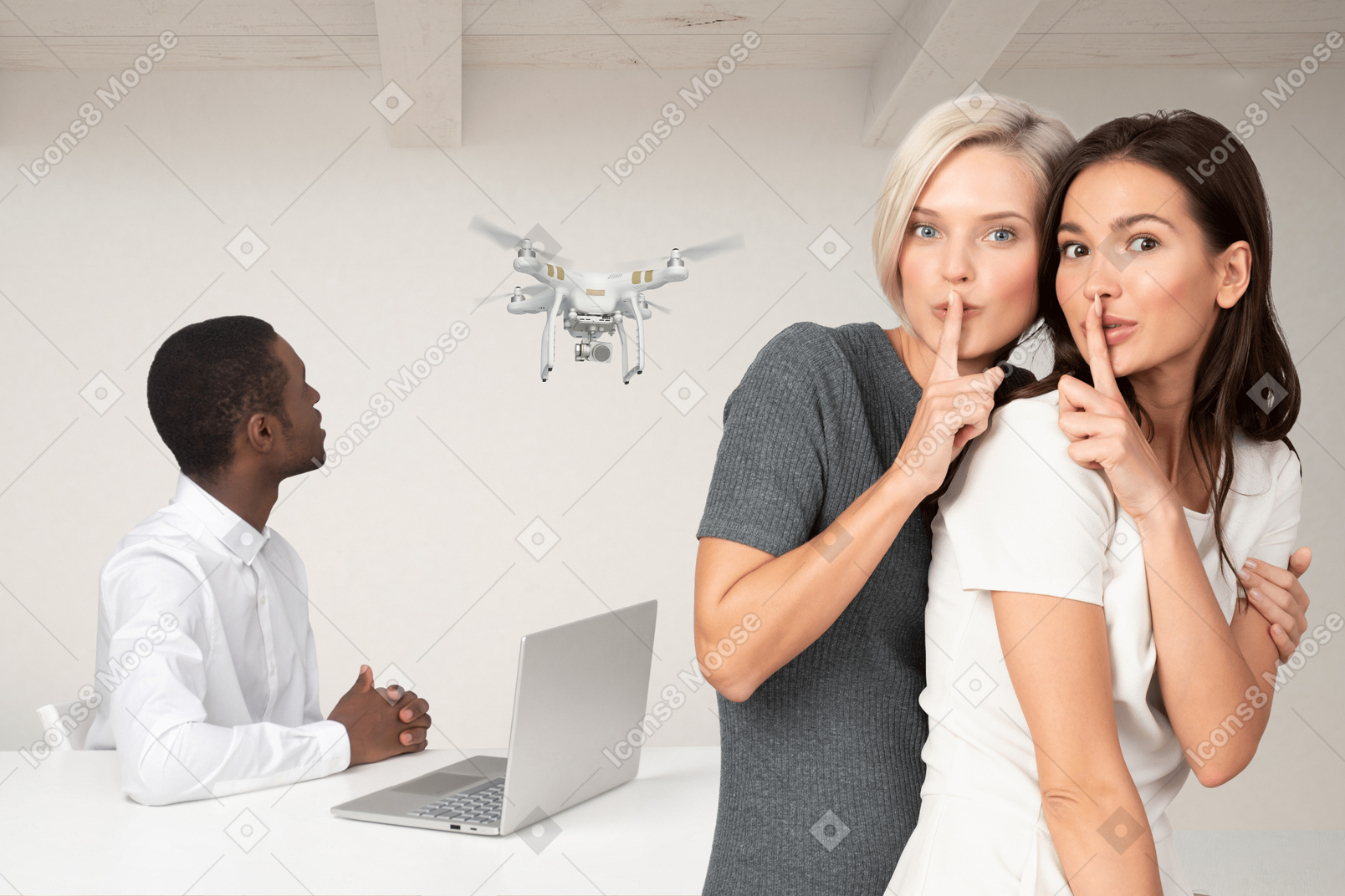 Blonde and brunette secretly watching an afro man with a drone