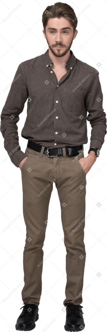 Front view of a suspicious young man in office clothing