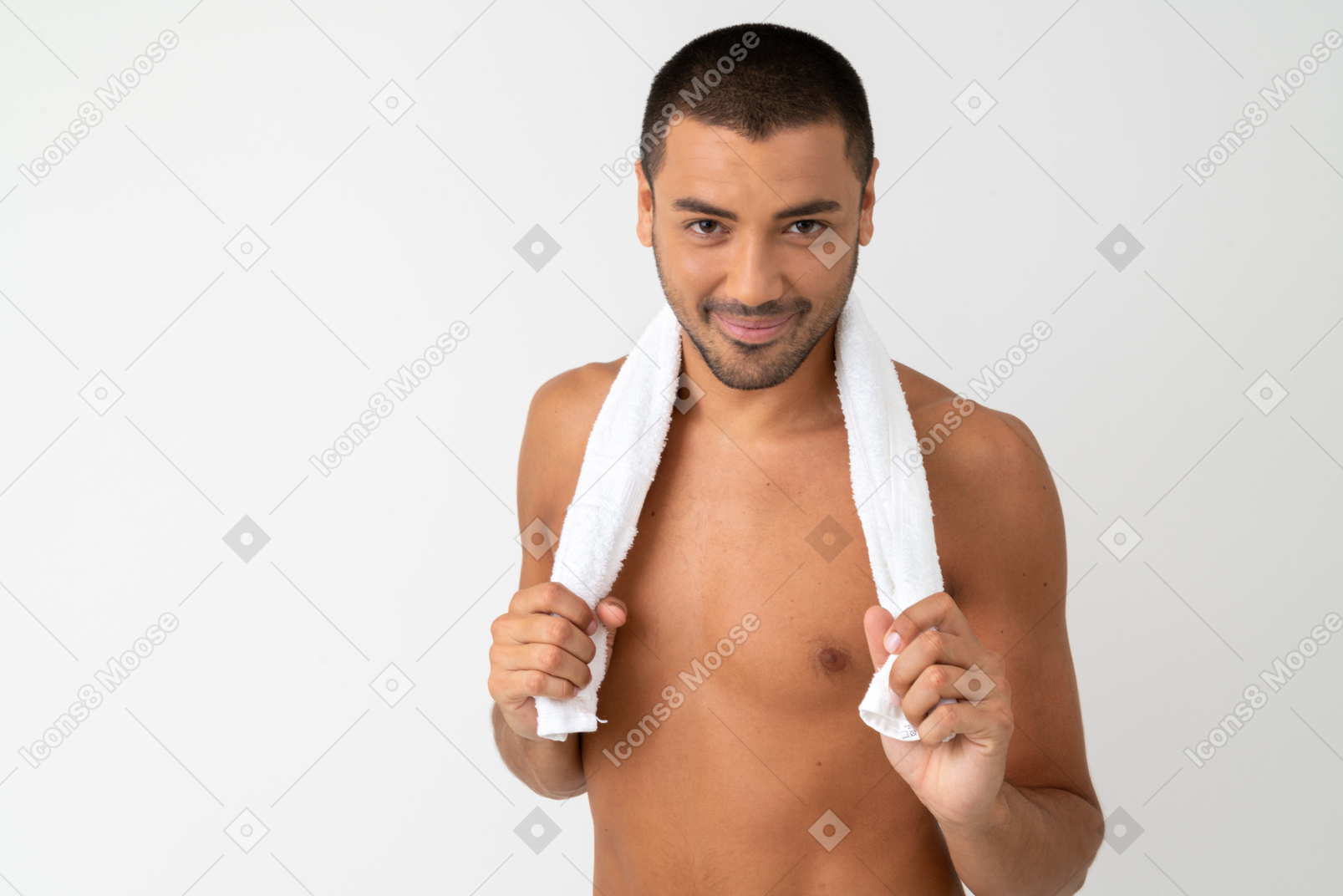 Contented barechested young man holding shower on his neck