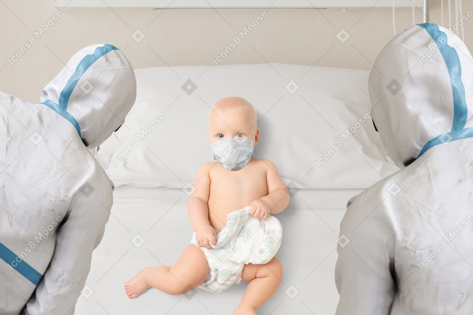 Bebê deitado na cama do hospital cercado por médicos em equipamentos de proteção