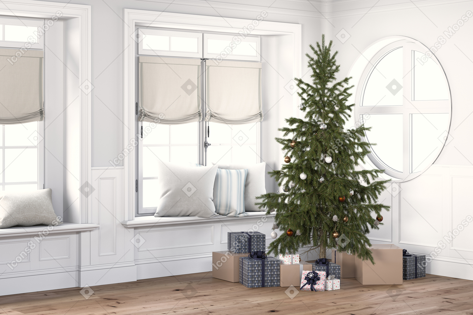 Christmas gifts under a christmas tree in a spacious living room