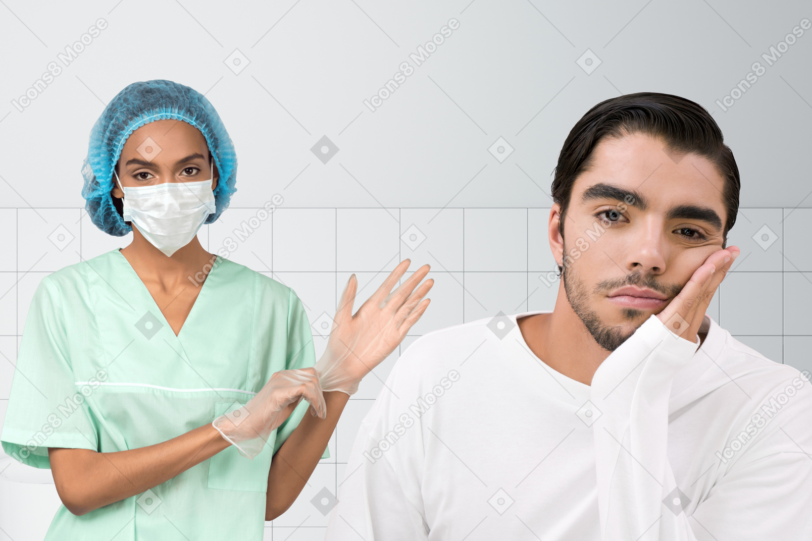 Female doctor putting on gloves and patient leaning chin on hand
