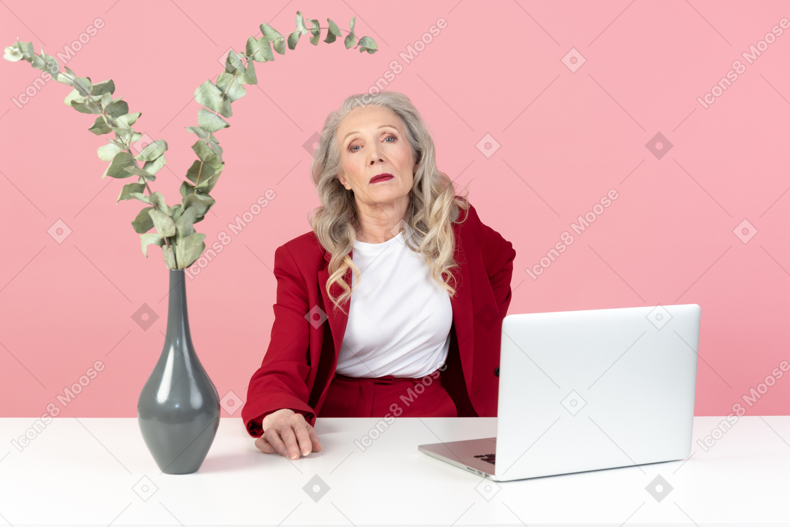 Serious looking aged woman sitting at the computer desk