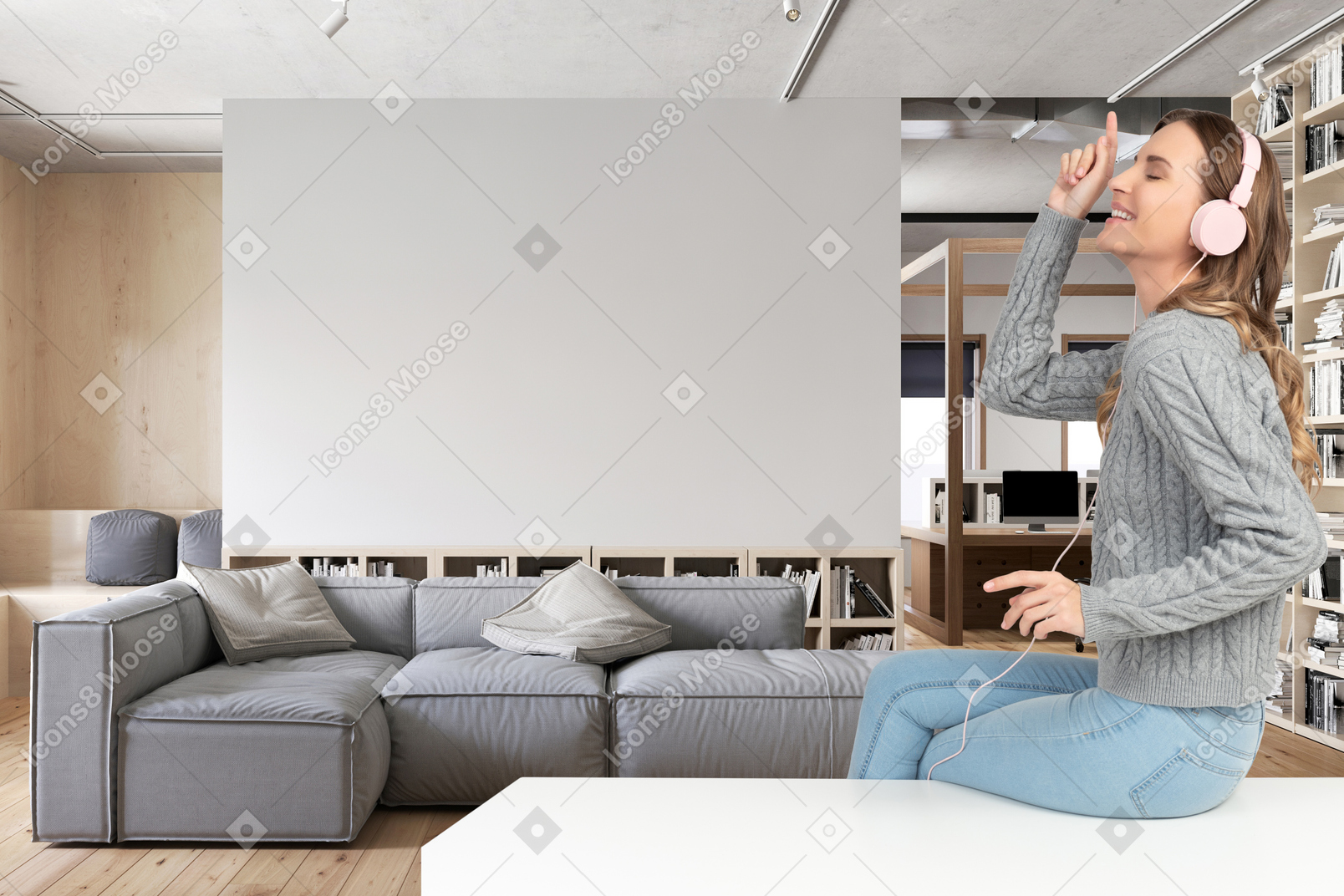 Woman with headphones listening to music in living room