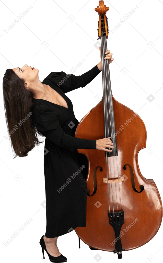 後ろに寄りかかってコントラバスを演奏する黒のドレスを着た若い女性のフルレングス