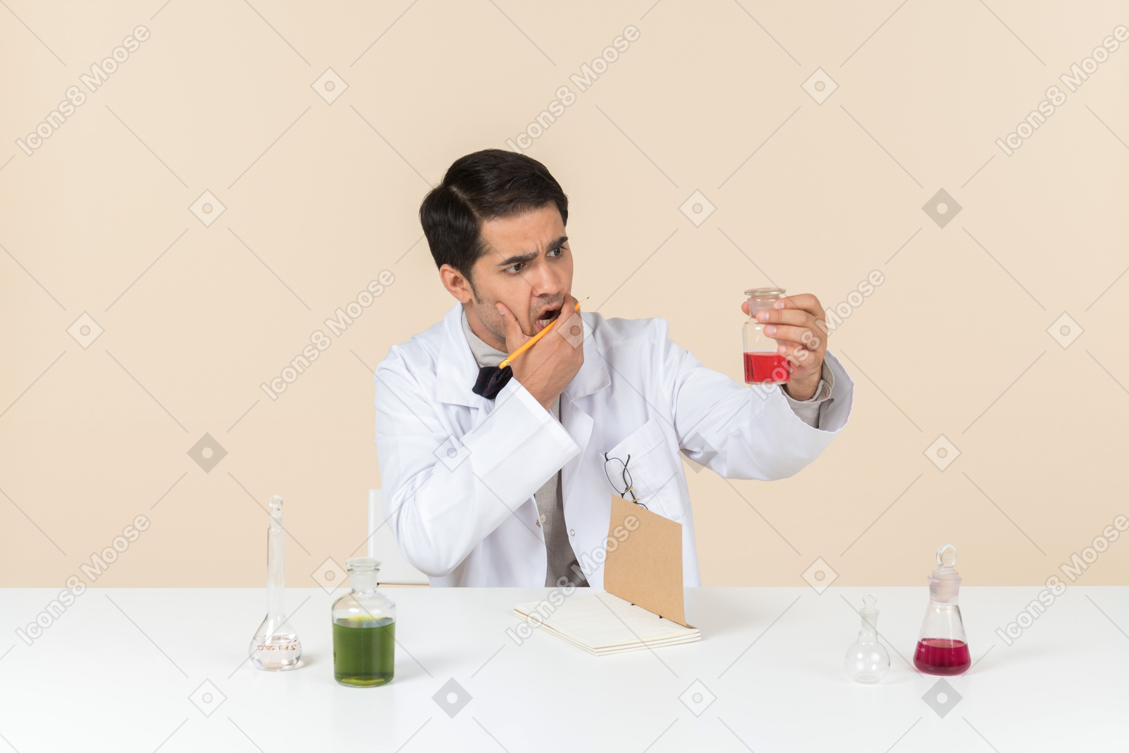 Worried young male caucasian scientist looking at bulb